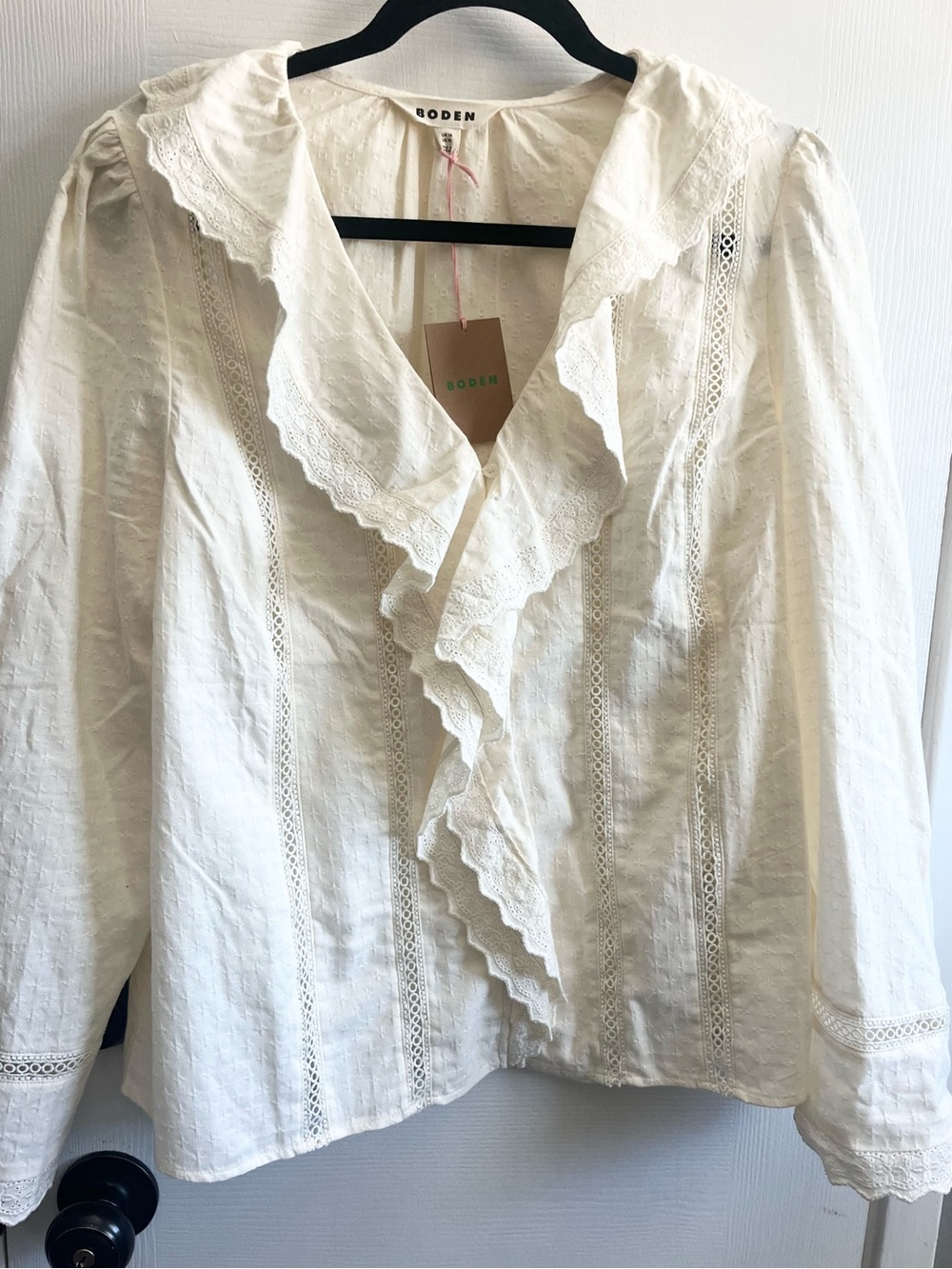 NWT Boden Cream Ruffled Lace-Trim Cotton Blouse